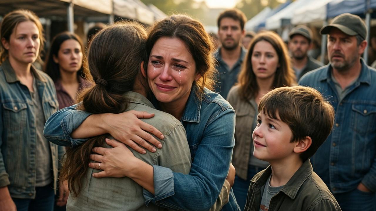 Una mujer con ojos hinchados por el llanto abraza a un joven artesano en una feria, mientras un niño de ocho años la mira con gratitud y esperanza. Al fondo, una multitud en silencio, con expresiones que pasan de la burla a la conmoción. La escena está bañada por una luz suave y dorada que resalta las lágrimas y la emoción del momento. Estilo realista y cinematográfico, colores cálidos y emotivos, plano americano, enfoque en el abrazo y la conexión entre los personajes.