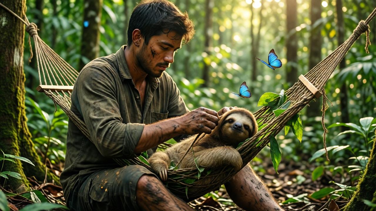 Un joven de 21 años con ropa manchada de barro y resina, sentado en el suelo del bosque tropical, sosteniendo con delicadeza a un perezoso bebé herido. Está tejiendo una pequeña hamaca con cuerdas naturales y hojas. A su alrededor, árboles altos, luz filtrada, mariposas azules. Estilo cinematográfico, tonos verdes y dorados, composición íntima y emotiva, primer plano de las manos y el animal.