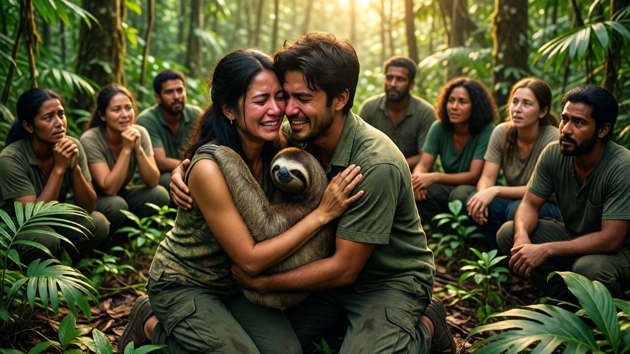 Una mujer arrodillada frente a un joven en el suelo del bosque, abrazándolo y llorando. Ambos sostienen a un perezoso bebé. Alrededor, un grupo de personas mira con expresiones de asombro y emoción. Fondo de selva tropical con luz dorada. Estilo dramático y emotivo, colores verdes y cálidos, composición en picado que enfatiza la conexión humana y animal.