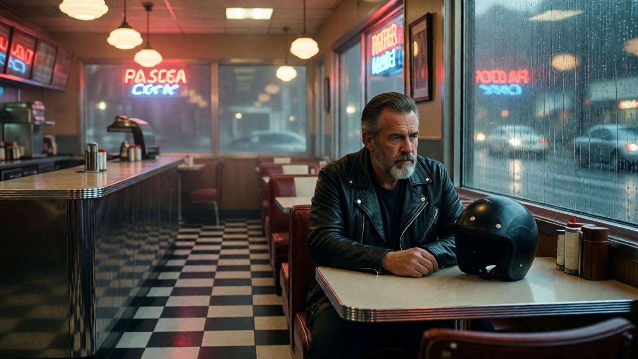Interior de un diner de los años 50 con suelo de cuadros blancos y negros, barra cromada y luces de neón rojas y azules. Un motorista de 60 años con chaqueta de cuero negra, barba gris y casco negro sobre la mesa, sentado solo junto a la ventana mientras la lluvia golpea el cristal. Ambiente brumoso, tonos sepia y azulados, estilo cinematográfico, enfoque en la soledad del personaje, iluminación dramática con destellos de neón.
