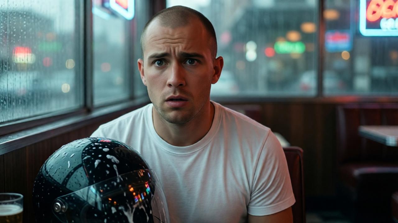 Primer plano de un joven calvo con camiseta blanca, expresión de shock y confusión, de pie en un diner de los años 50. Un casco negro yace en el suelo a sus pies, con restos de cerveza y espuma. Al fondo, ventanas empañadas por la lluvia y luces de neón borrosas. Iluminación dramática con luz suave de neón, tensión emocional, estilo cinematográfico, poca profundidad de campo, enfoque en el rostro del joven y el casco.