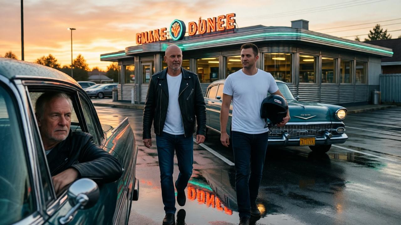 Un motorista de 60 años con chaqueta de cuero negra y un joven calvo con camiseta blanca salen de un diner de los años 50, caminando sobre un aparcamiento mojado por la lluvia. El cartel de neón del diner se refleja en los charcos, el cielo se aclara con un atisbo de atardecer anaranjado. El joven lleva un casco negro bajo el brazo. Ambiente de esperanza y determinación, plano general angular, reflejos en el asfalto mojado, estilo fotorrealista, iluminación cálida y fría contrastada.